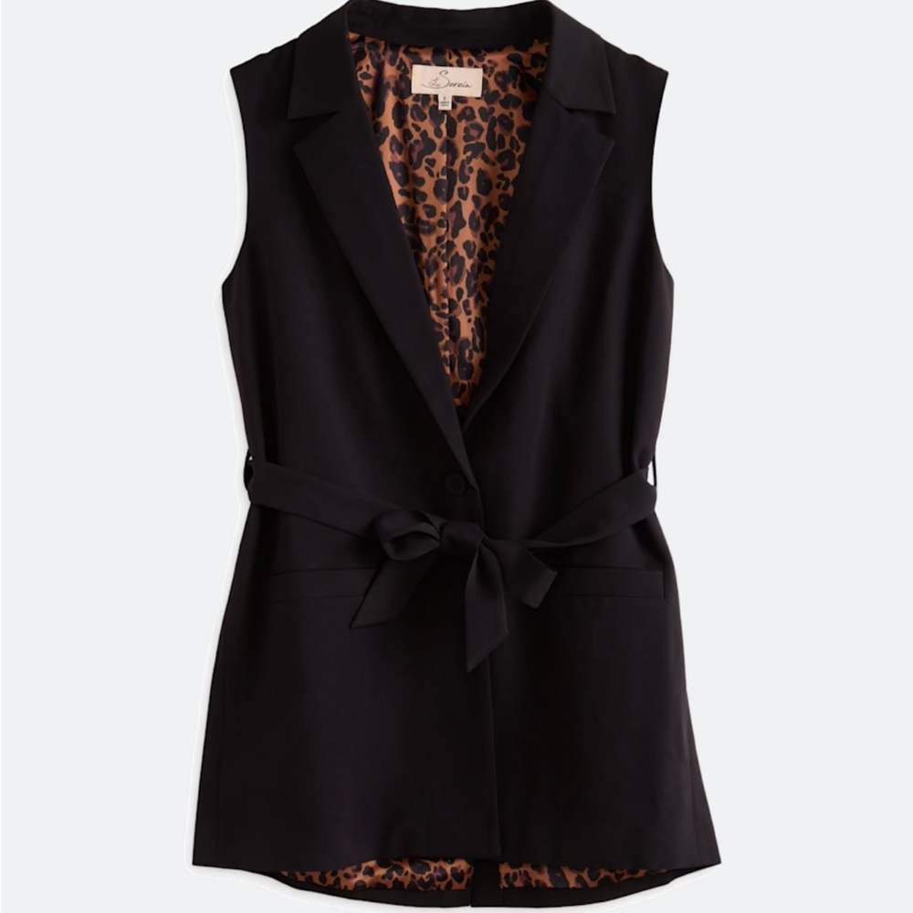 Le Suit Black Sleeveless Tie-Waist Vest with Leopard Lining